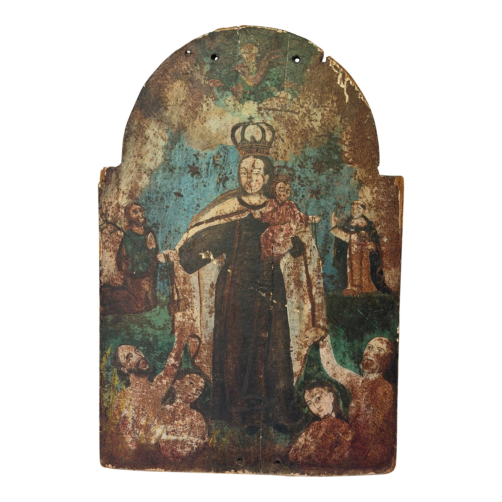 1805 Spanish Colonial Retablo of Our Lady of Mount Carmel With Souls in Purgatory – Painted: Authentic early 19th-century Spanish Colonial devotional retablo depicting Our Lady of Mount Carmel crowned and holding the Christ Child, both wearing crowns. The Virgin extends the Brown Scapular to