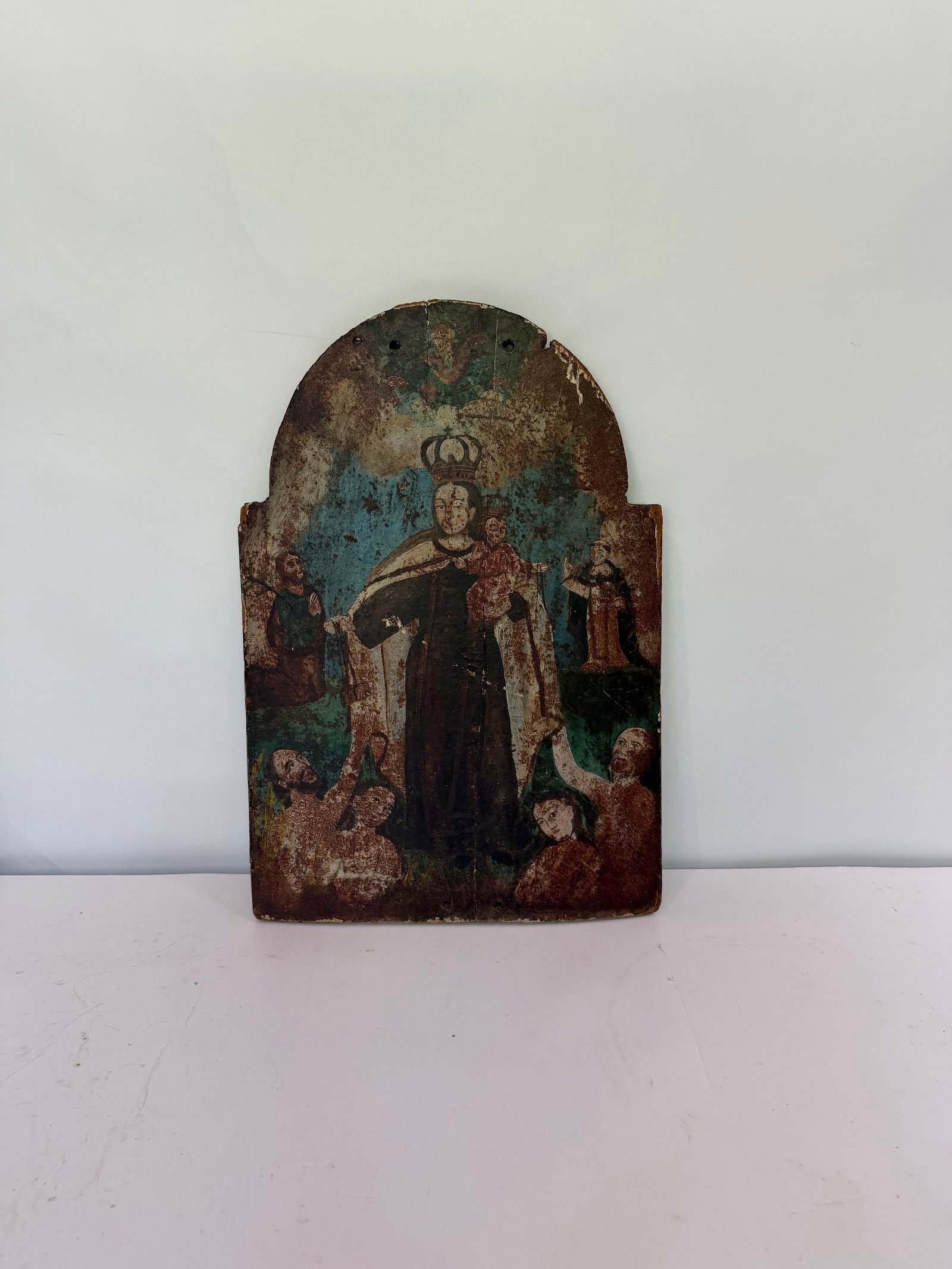 1805 Spanish Colonial Retablo of Our Lady of Mount Carmel With Souls in Purgatory – Painted - 2