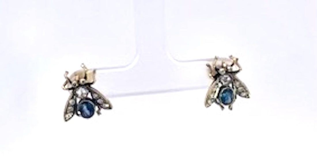 Antique Gold and Silver Bee Earrings With Sapphires and Diamonds, Pair - 10