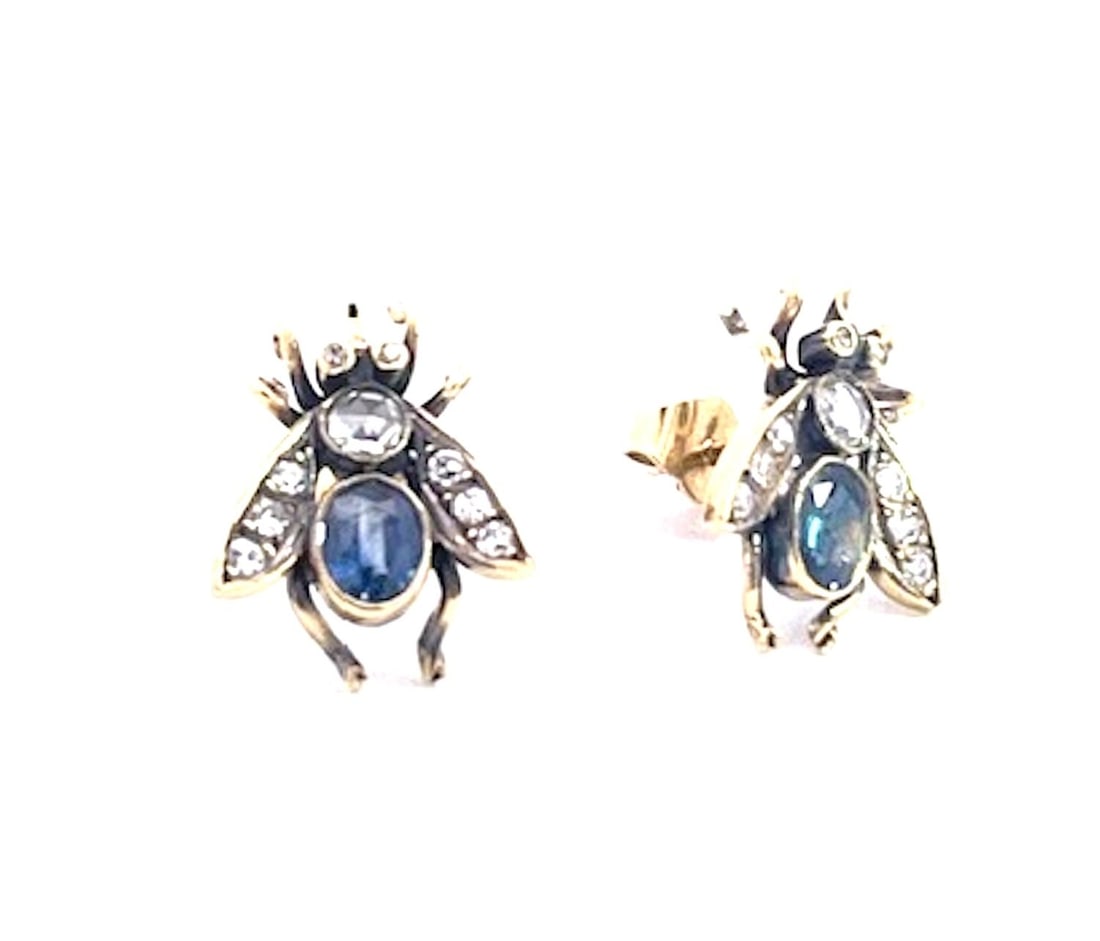 Antique Gold and Silver Bee Earrings With Sapphires and Diamonds, Pair - 11
