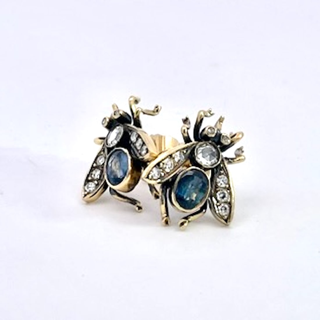 Antique Gold and Silver Bee Earrings With Sapphires and Diamonds, Pair - 12