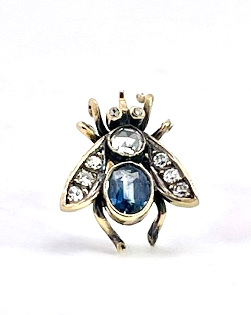 Antique Gold and Silver Bee Earrings With Sapphires and Diamonds, Pair - 2