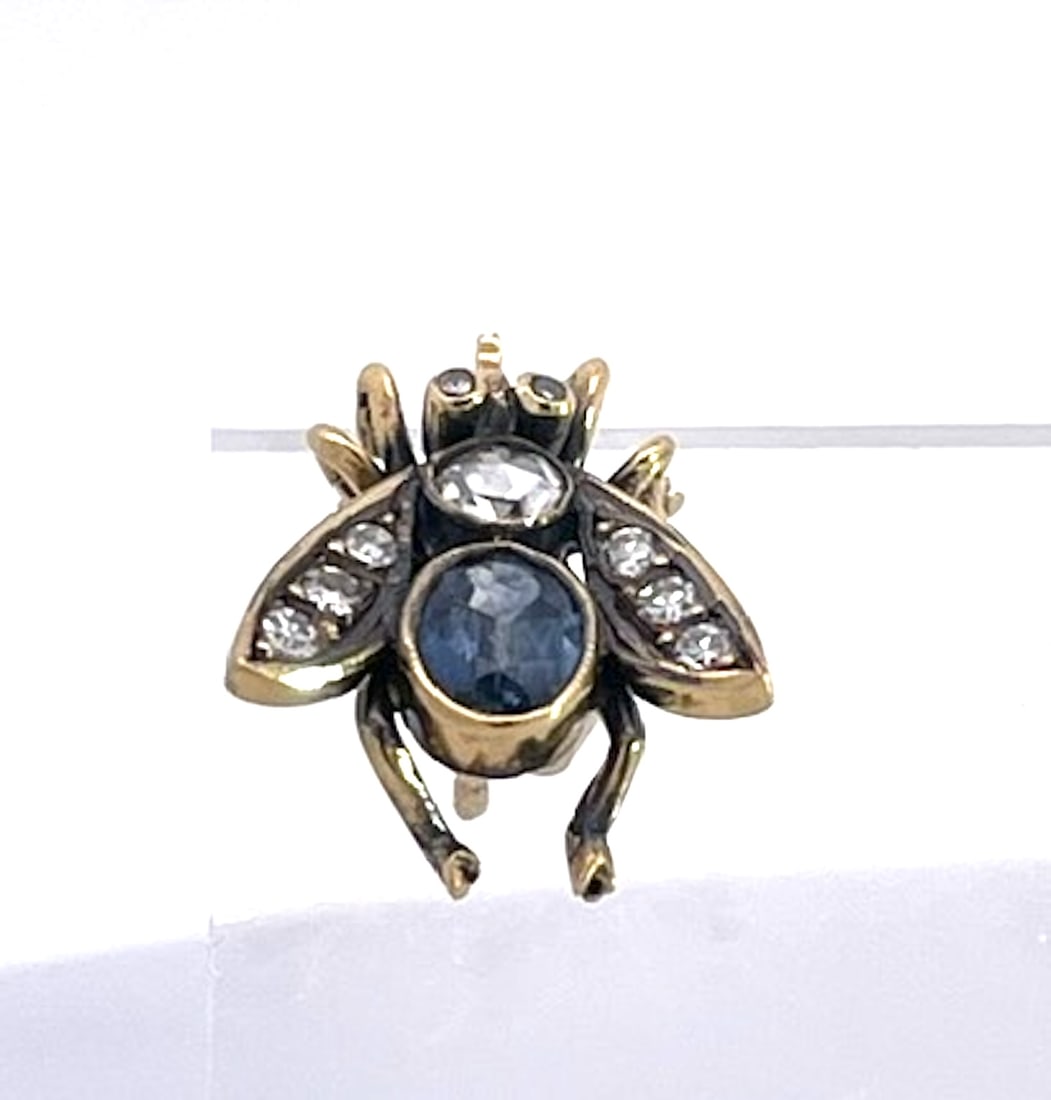 Antique Gold and Silver Bee Earrings With Sapphires and Diamonds, Pair - 4