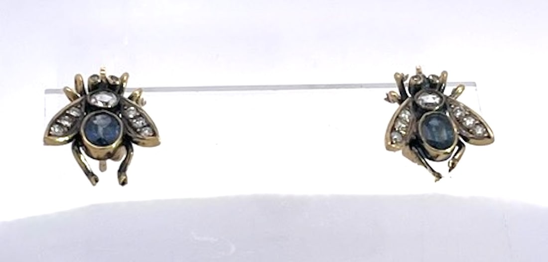Antique Gold and Silver Bee Earrings With Sapphires and Diamonds, Pair - 5
