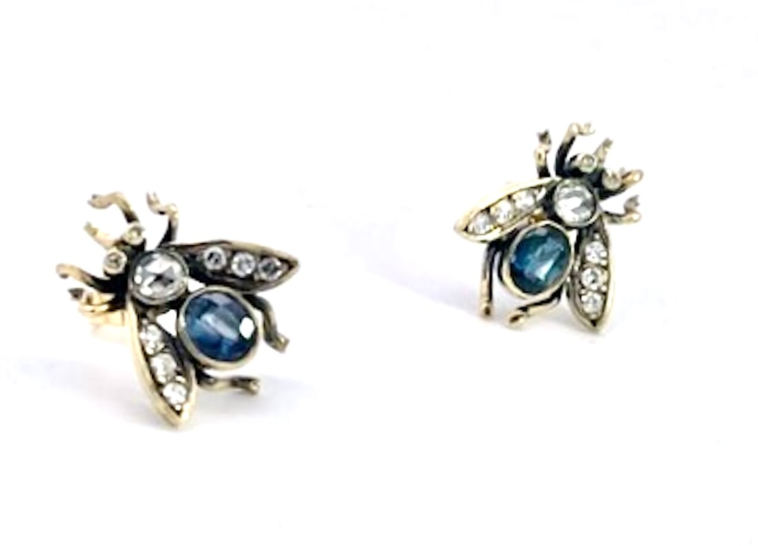 Antique Gold and Silver Bee Earrings With Sapphires and Diamonds, Pair - 7
