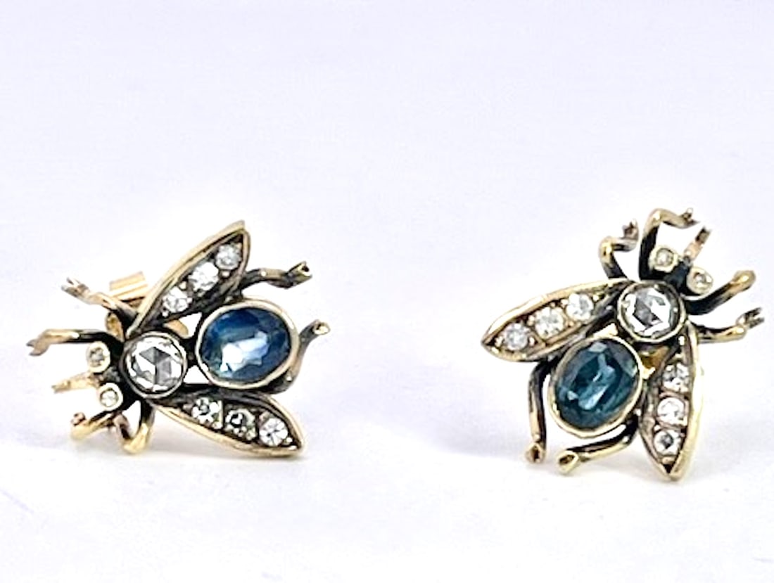 Antique Gold and Silver Bee Earrings With Sapphires and Diamonds, Pair - 8