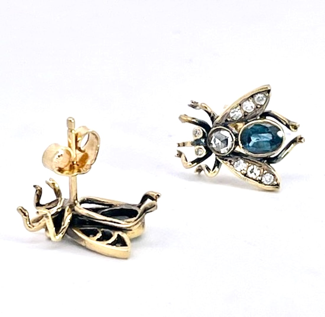 Antique Gold and Silver Bee Earrings With Sapphires and Diamonds, Pair - 9