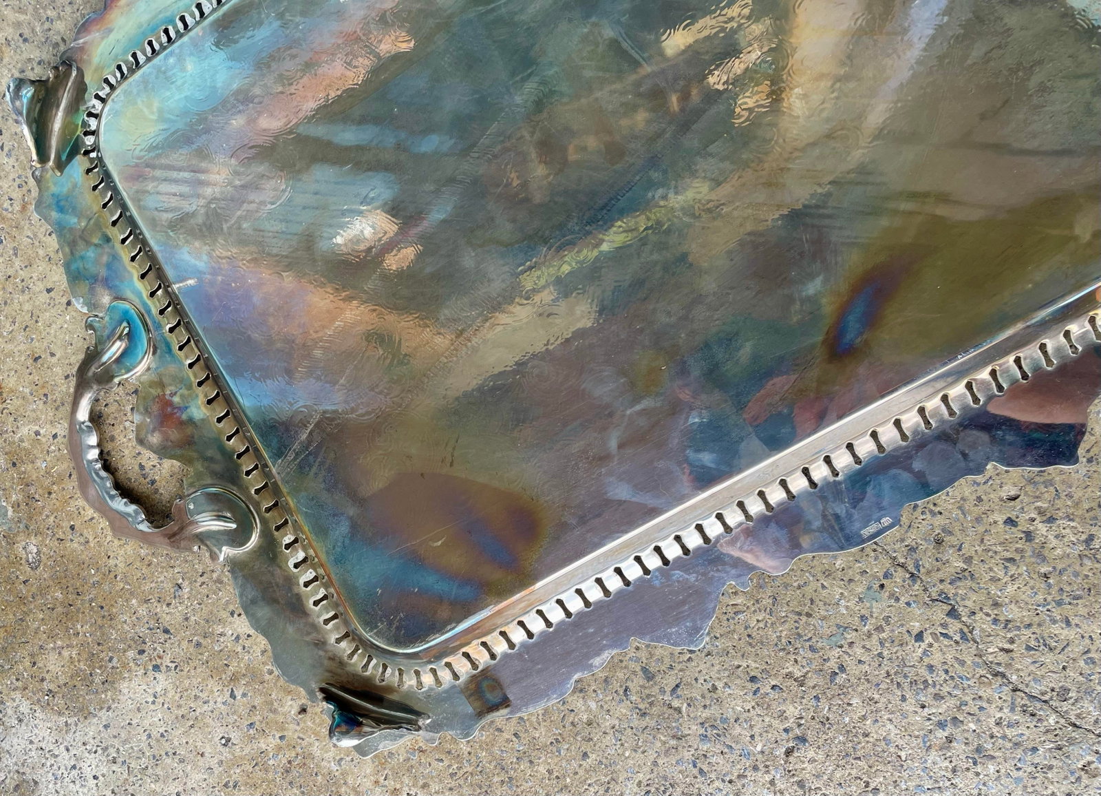 Mid 20th Century Birmingham Large Footed Silver Plate Serving Tray Etched Reticulated Raised Edge - 10