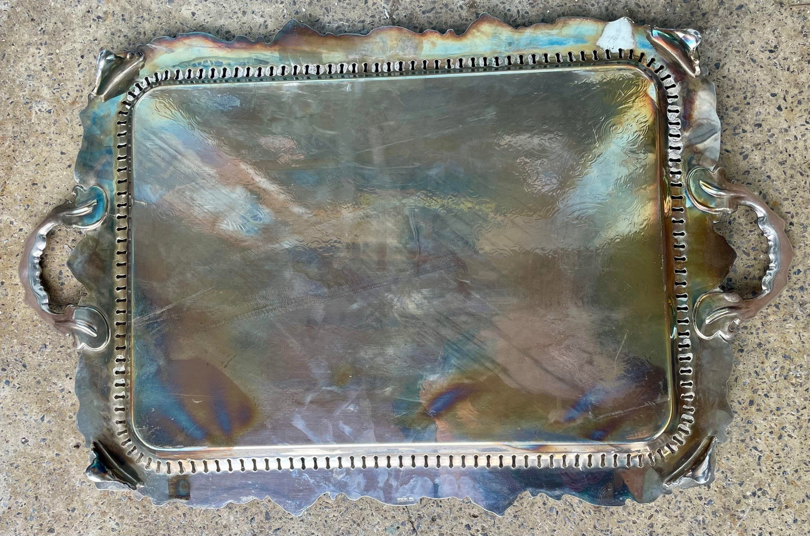 Mid 20th Century Birmingham Large Footed Silver Plate Serving Tray Etched Reticulated Raised Edge - 11