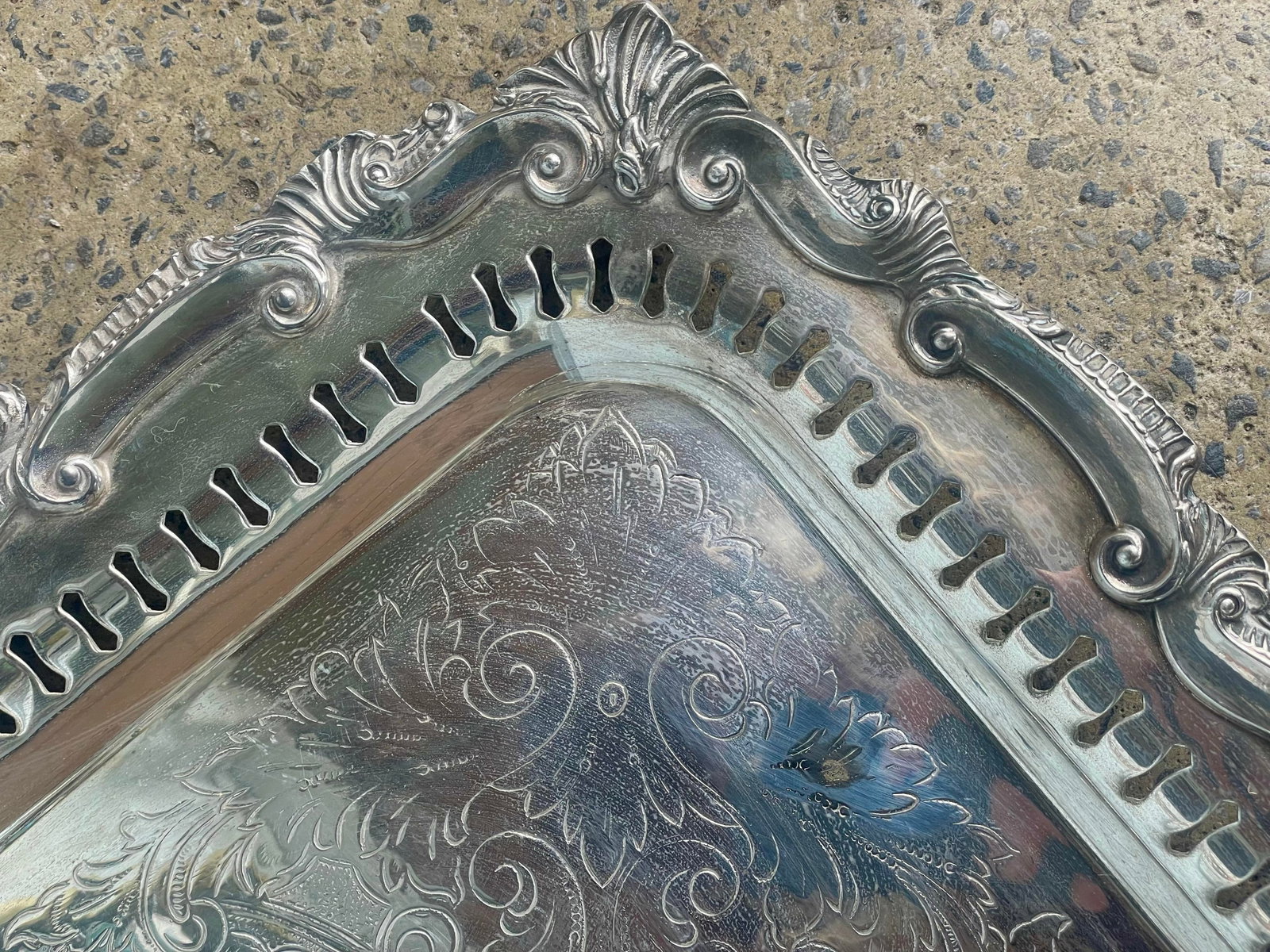 Mid 20th Century Birmingham Large Footed Silver Plate Serving Tray Etched Reticulated Raised Edge - 12