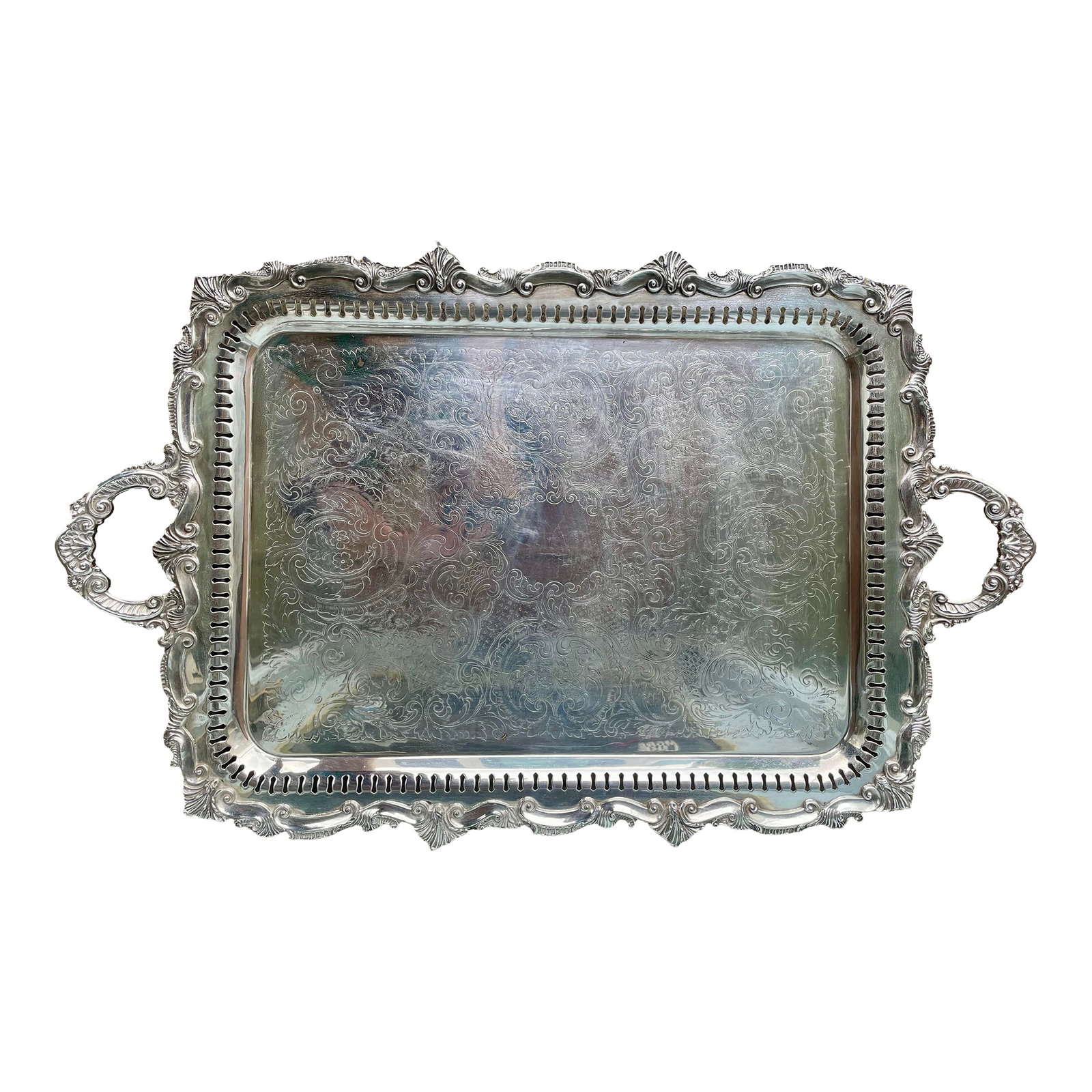 Mid 20th Century Birmingham Large Footed Silver Plate Serving Tray Etched Reticulated Raised Edge: This is a beautiful heavy silver plate tray made by Birmingham Silver Co. in Yalesville CT which was founded in 1957 and became Goldfeder Silverware Co. There is a swirling pattern of flowers, leaves