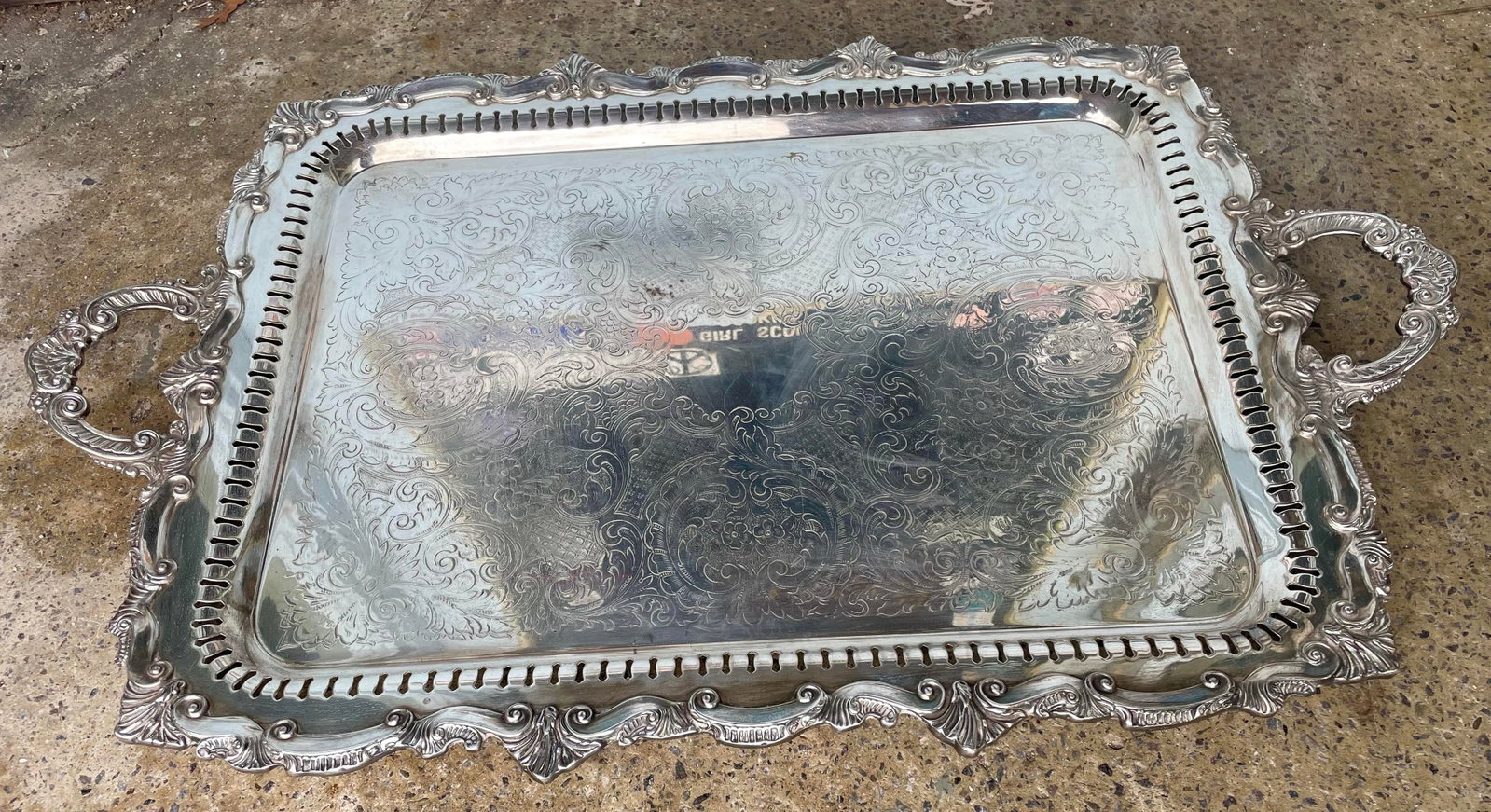 Mid 20th Century Birmingham Large Footed Silver Plate Serving Tray Etched Reticulated Raised Edge - 2