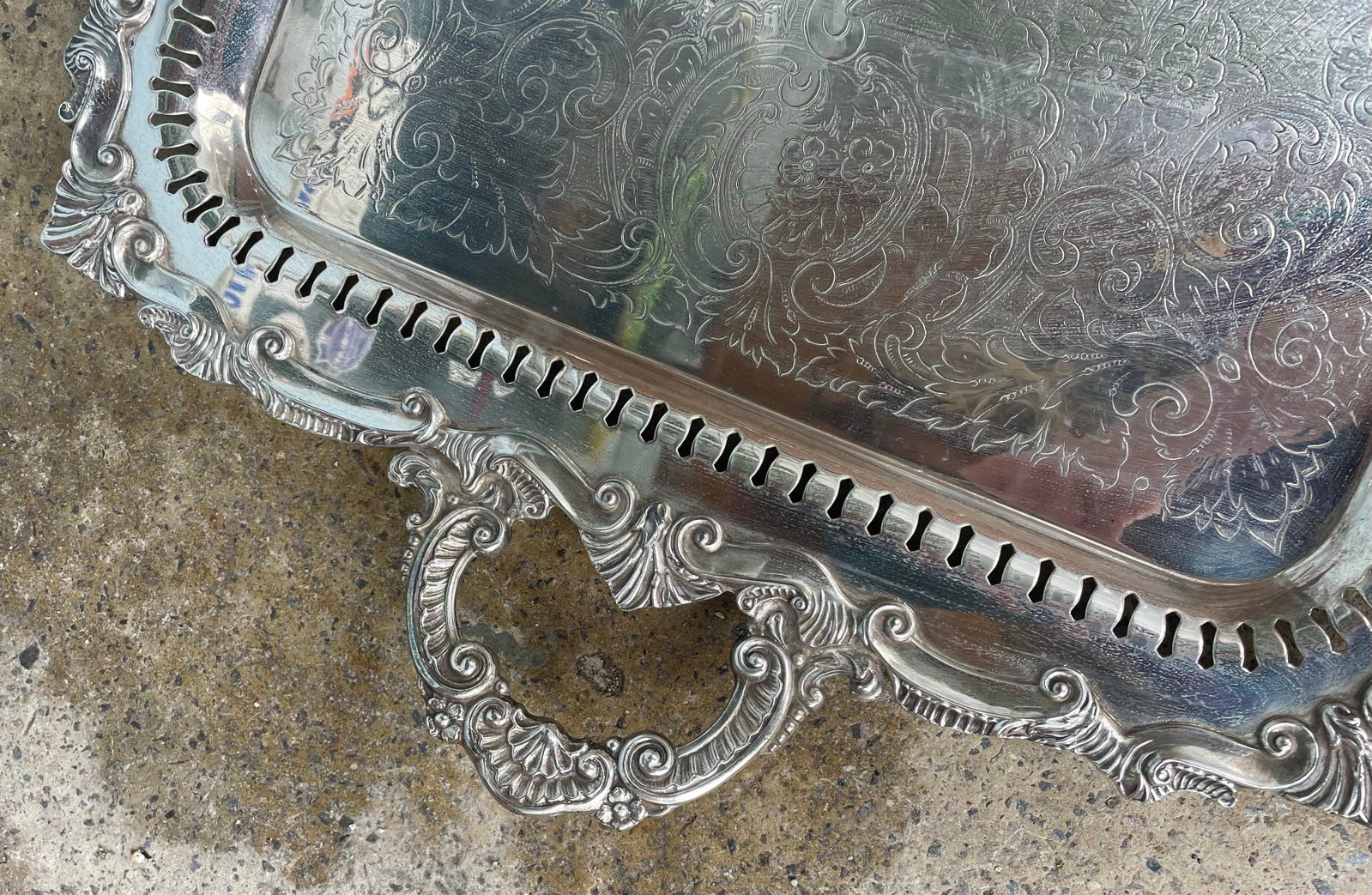 Mid 20th Century Birmingham Large Footed Silver Plate Serving Tray Etched Reticulated Raised Edge - 3