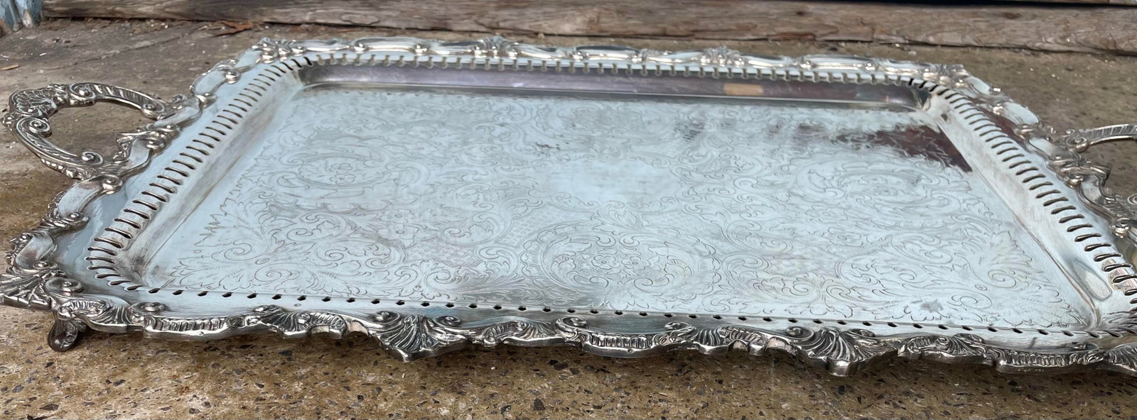 Mid 20th Century Birmingham Large Footed Silver Plate Serving Tray Etched Reticulated Raised Edge - 4