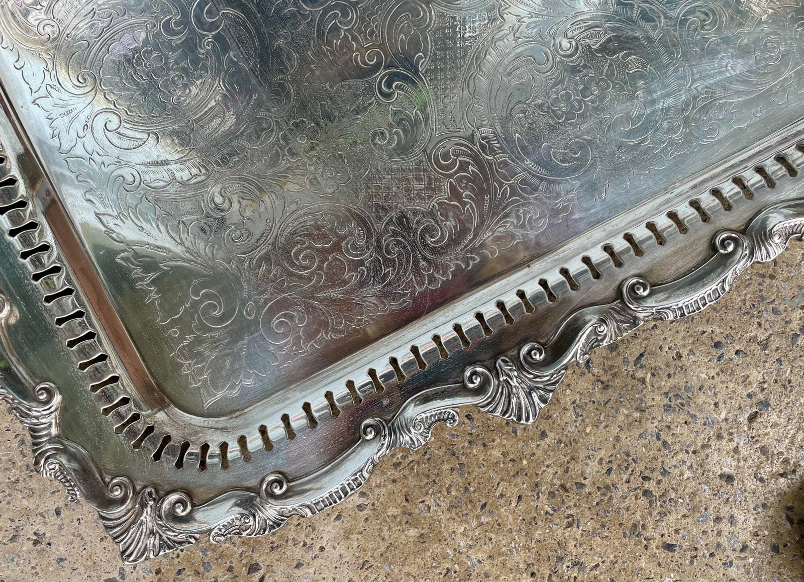Mid 20th Century Birmingham Large Footed Silver Plate Serving Tray Etched Reticulated Raised Edge - 5