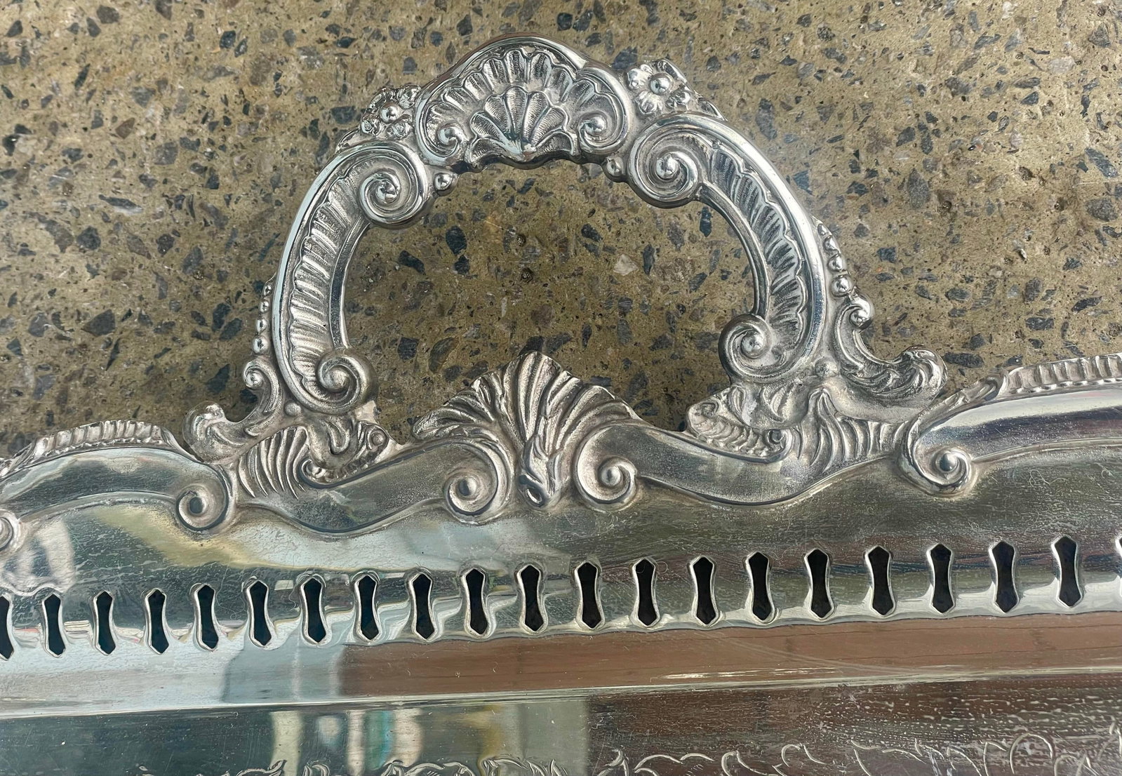 Mid 20th Century Birmingham Large Footed Silver Plate Serving Tray Etched Reticulated Raised Edge - 6