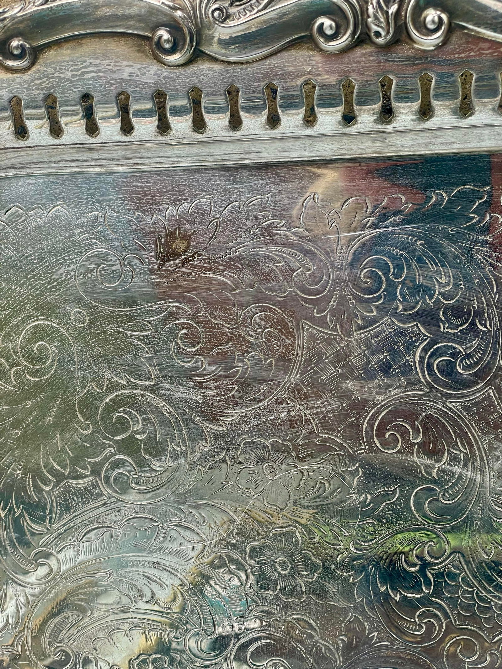 Mid 20th Century Birmingham Large Footed Silver Plate Serving Tray Etched Reticulated Raised Edge - 7