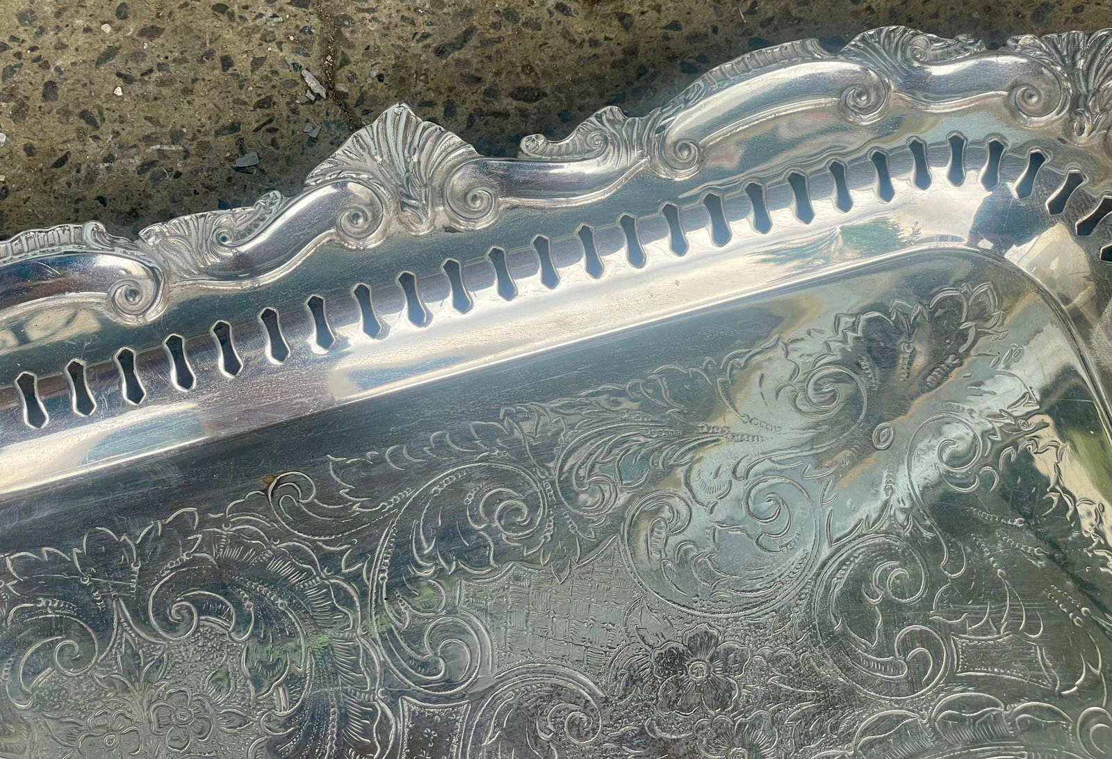 Mid 20th Century Birmingham Large Footed Silver Plate Serving Tray Etched Reticulated Raised Edge - 8