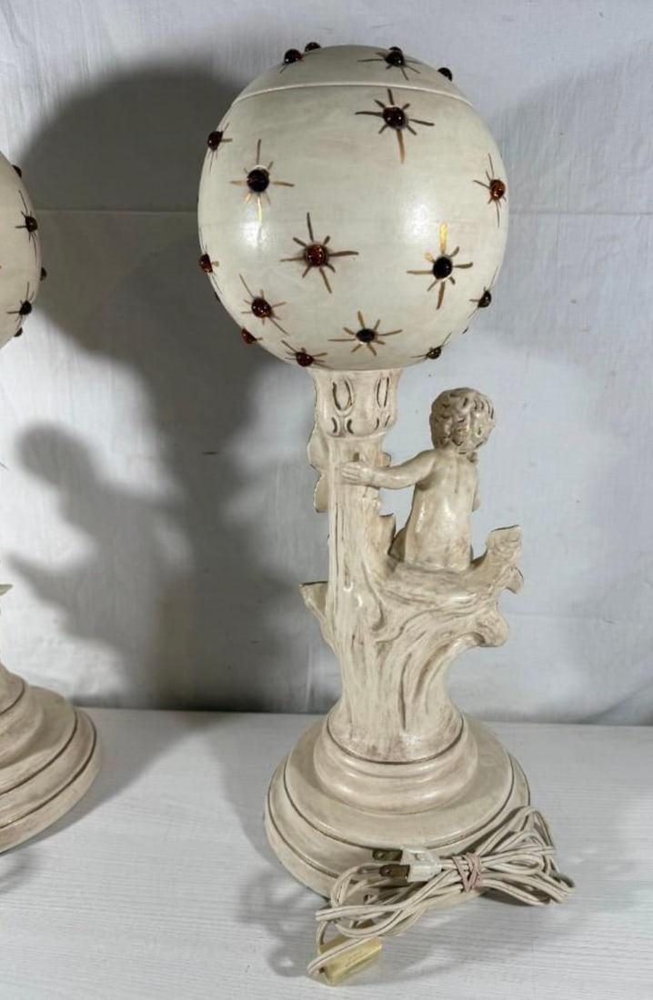 Vintage Mid-Century Modern Hollywood Regency Ceramic Cherub Sunburst Globe Lamps - A Pair - 10