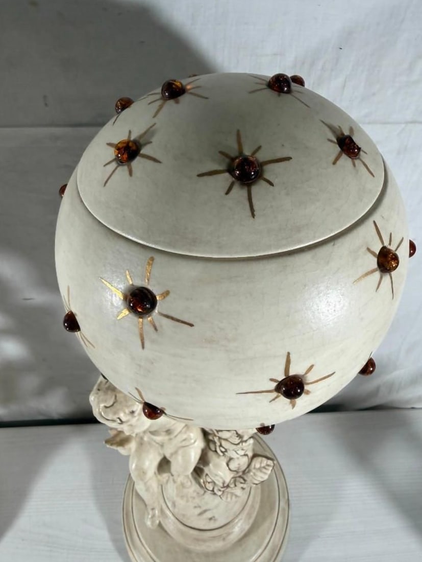 Vintage Mid-Century Modern Hollywood Regency Ceramic Cherub Sunburst Globe Lamps - A Pair - 11