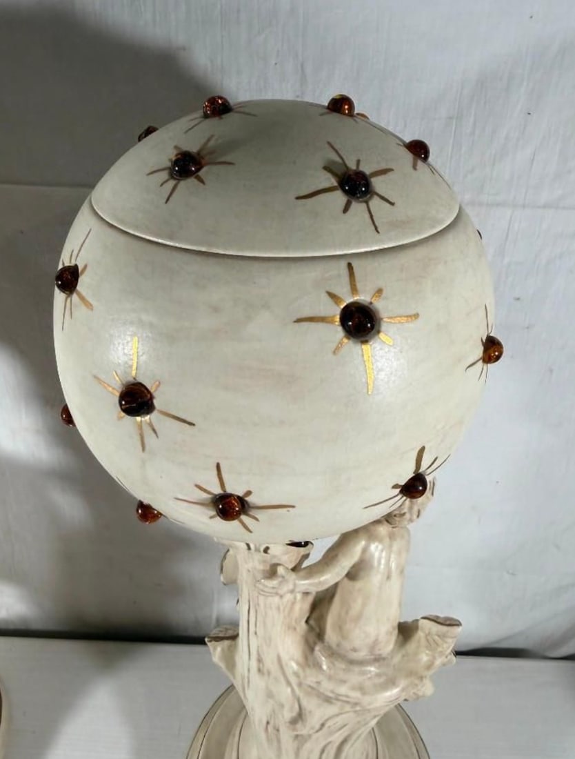 Vintage Mid-Century Modern Hollywood Regency Ceramic Cherub Sunburst Globe Lamps - A Pair - 13