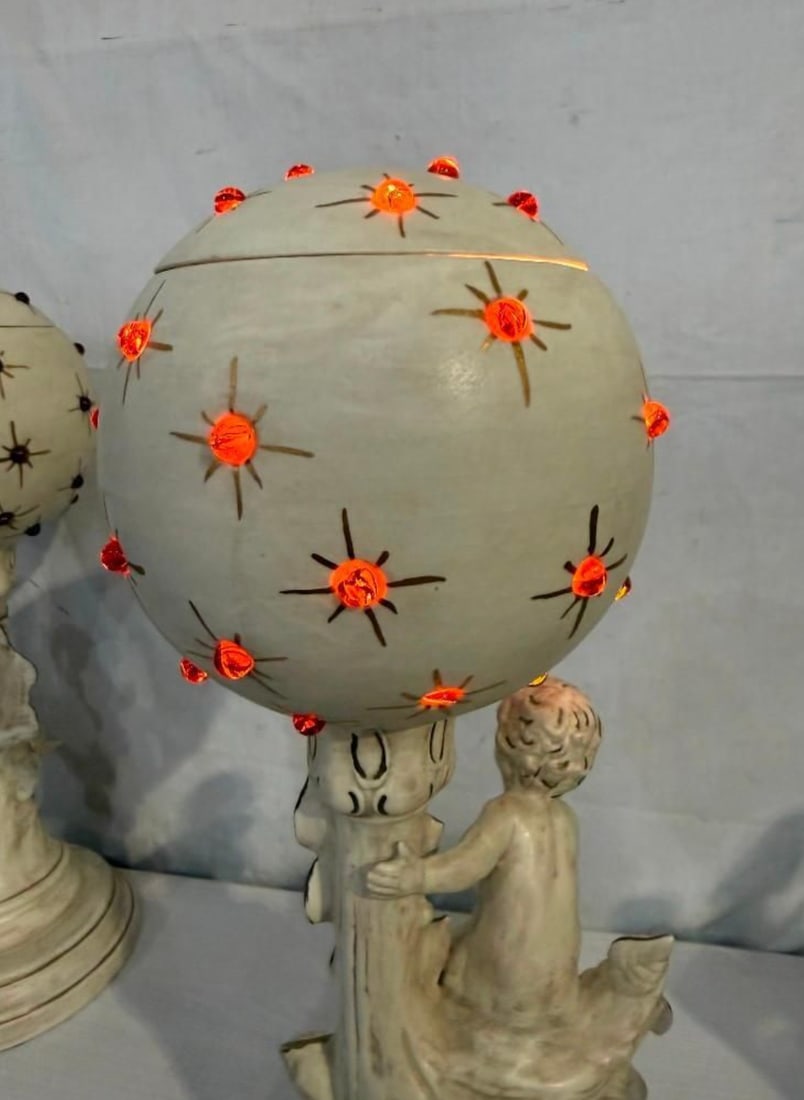 Vintage Mid-Century Modern Hollywood Regency Ceramic Cherub Sunburst Globe Lamps - A Pair - 16