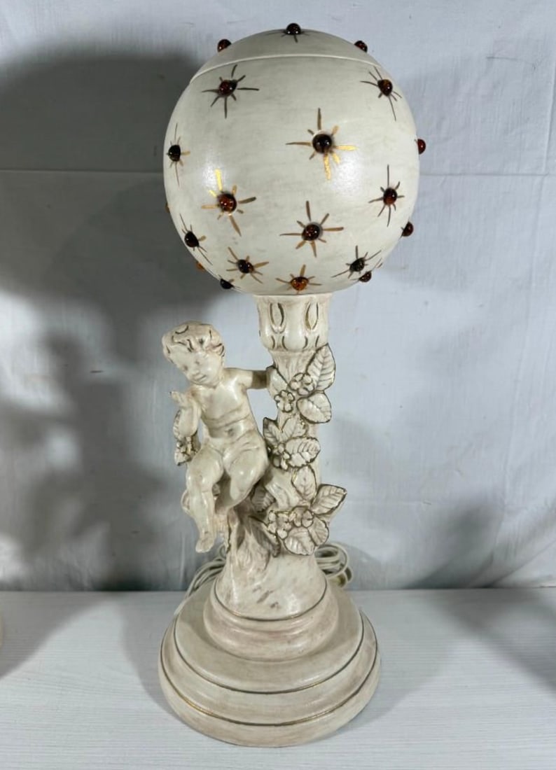 Vintage Mid-Century Modern Hollywood Regency Ceramic Cherub Sunburst Globe Lamps - A Pair - 2