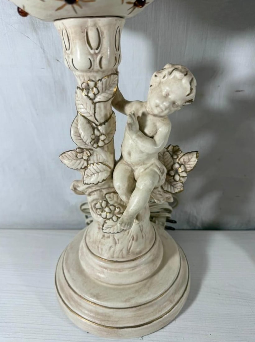 Vintage Mid-Century Modern Hollywood Regency Ceramic Cherub Sunburst Globe Lamps - A Pair - 3