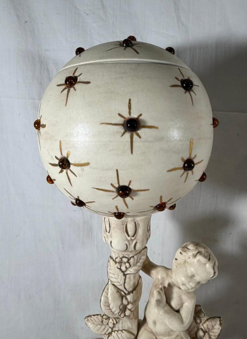 Vintage Mid-Century Modern Hollywood Regency Ceramic Cherub Sunburst Globe Lamps - A Pair - 5