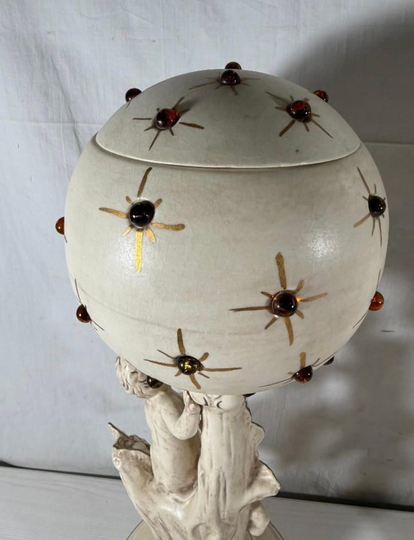 Vintage Mid-Century Modern Hollywood Regency Ceramic Cherub Sunburst Globe Lamps - A Pair - 6