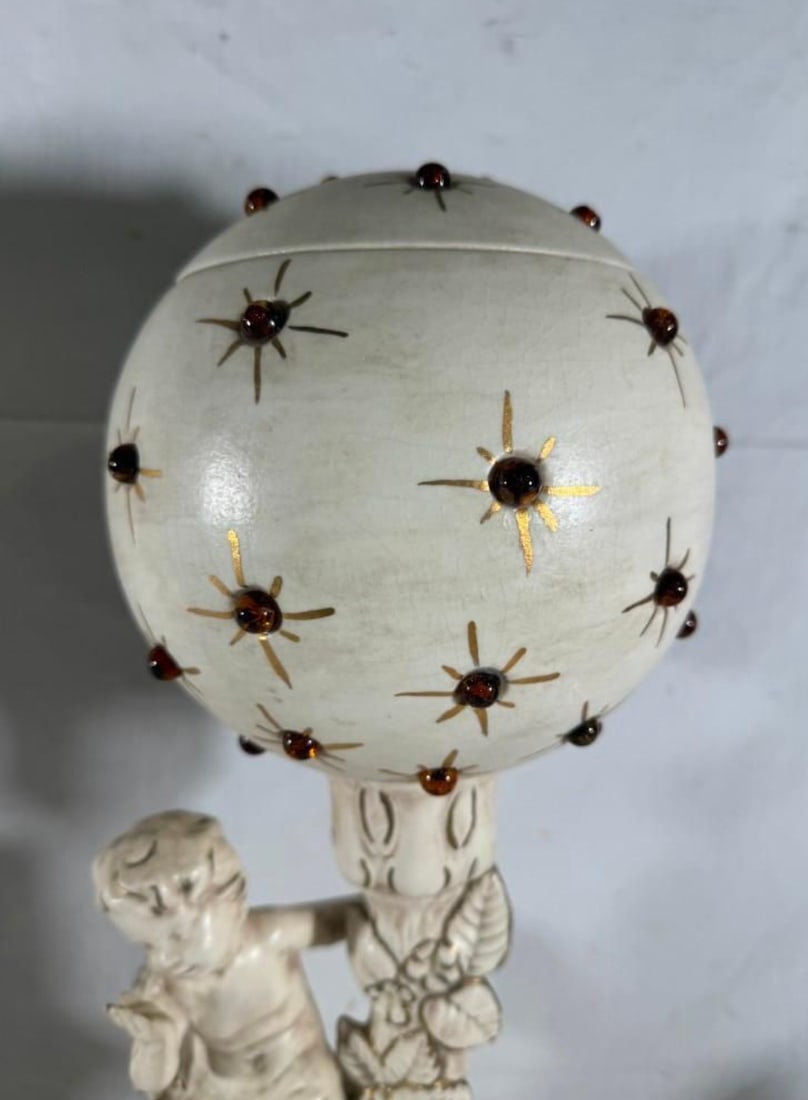 Vintage Mid-Century Modern Hollywood Regency Ceramic Cherub Sunburst Globe Lamps - A Pair - 7