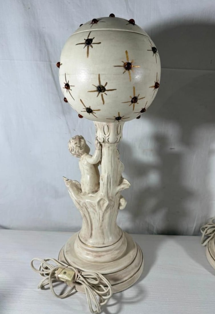 Vintage Mid-Century Modern Hollywood Regency Ceramic Cherub Sunburst Globe Lamps - A Pair - 8