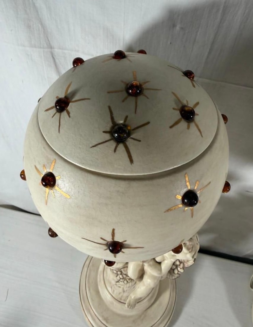 Vintage Mid-Century Modern Hollywood Regency Ceramic Cherub Sunburst Globe Lamps - A Pair - 9