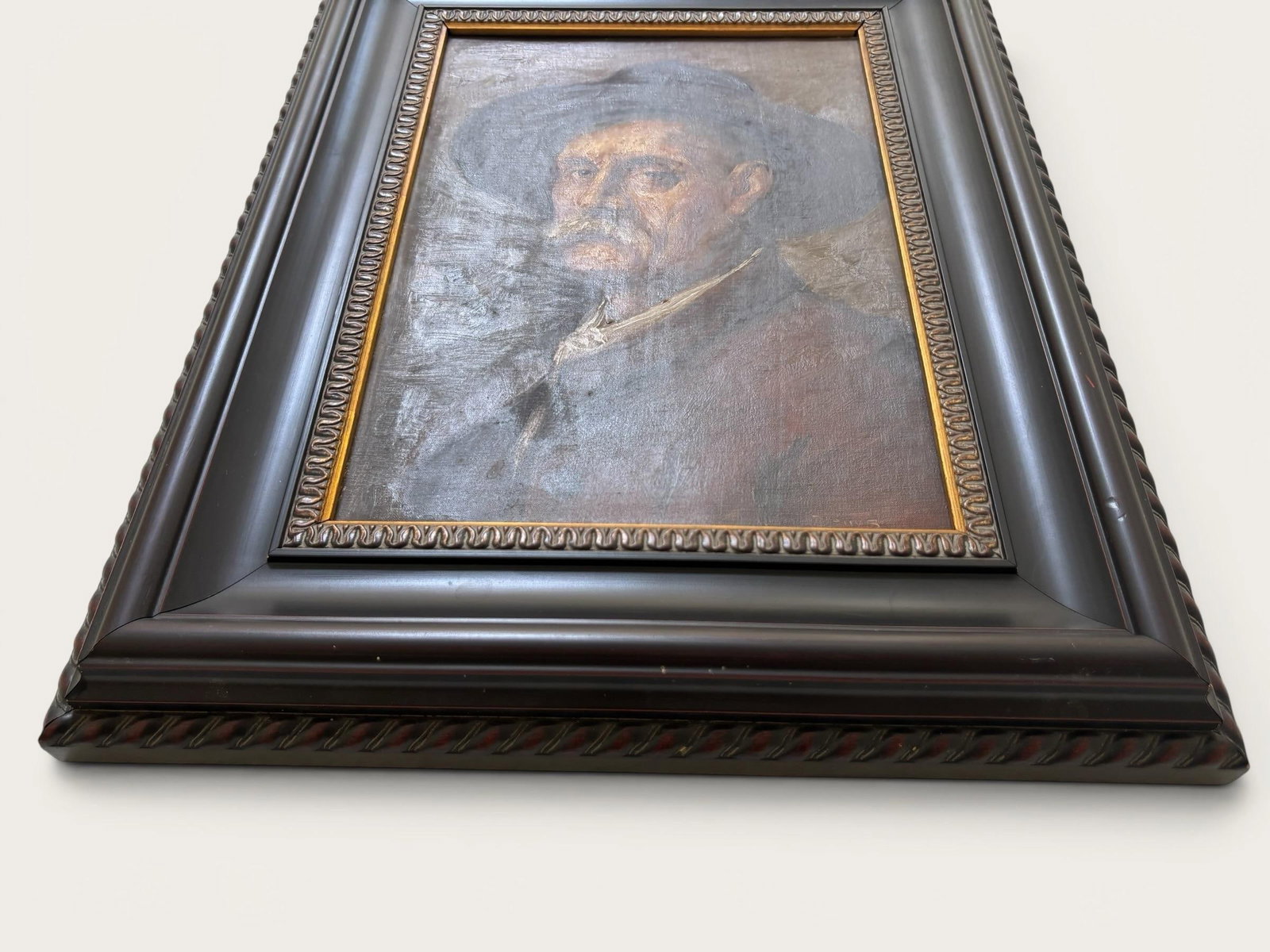 Original Antique European Moody Oil Portrait Painting of Gentleman in Hat Circa 1937 - 11
