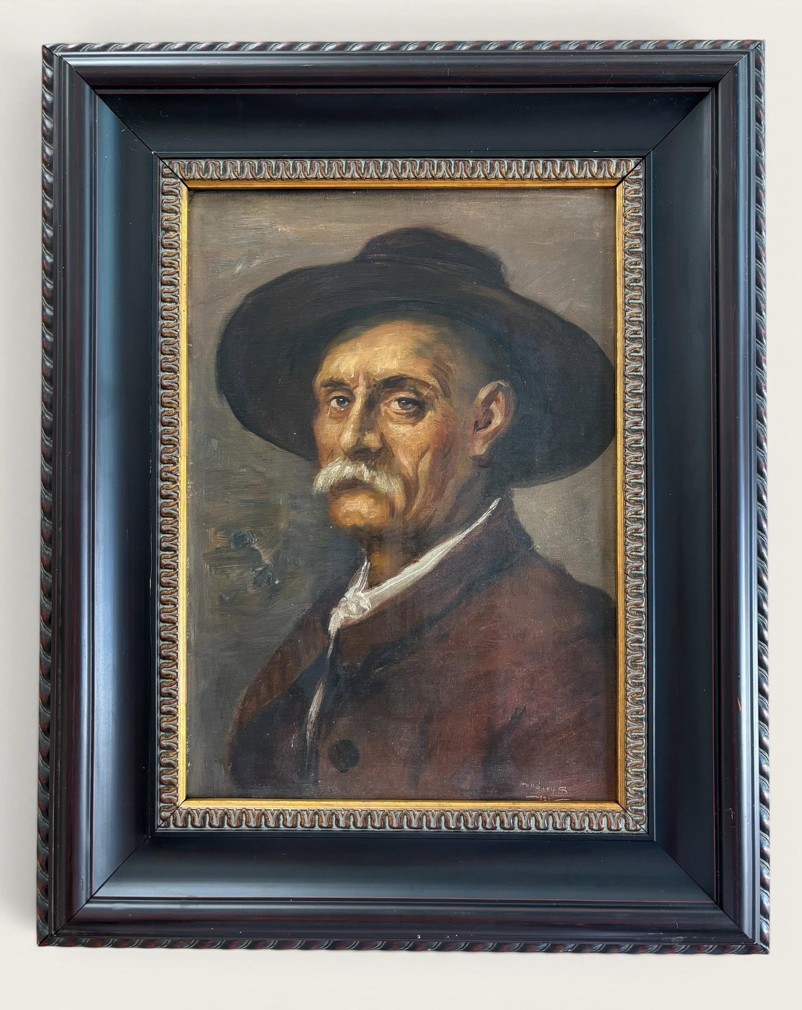 Original Antique European Moody Oil Portrait Painting of Gentleman in Hat Circa 1937 - 12
