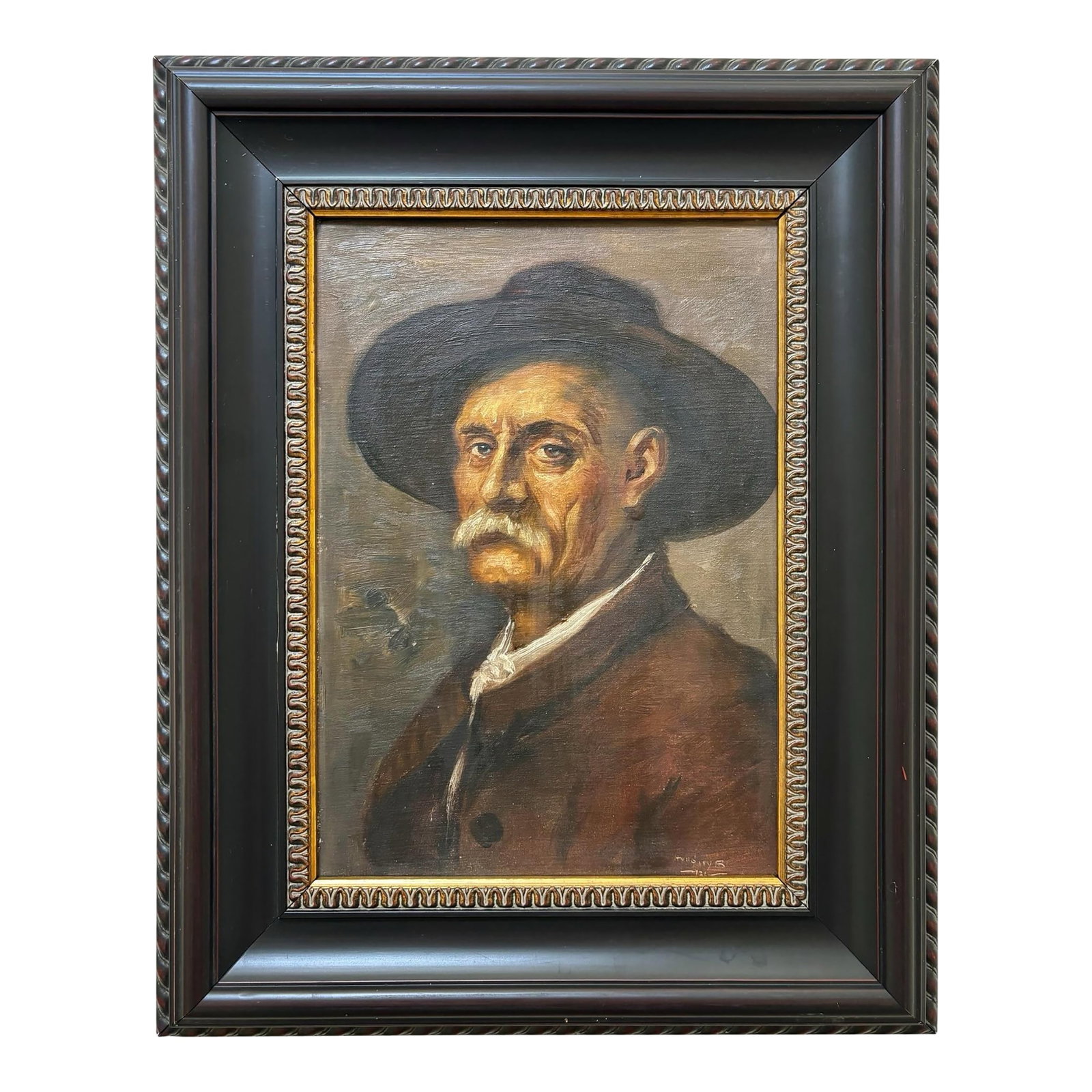 Original Antique European Moody Oil Portrait Painting of Gentleman in Hat Circa 1937: This antique original portrait was purchased in Europe, while I was in Budapest, Hungary. This Striking European oil painting depicting a distinguished gentleman wearing a broad-brimmed hat and brown
