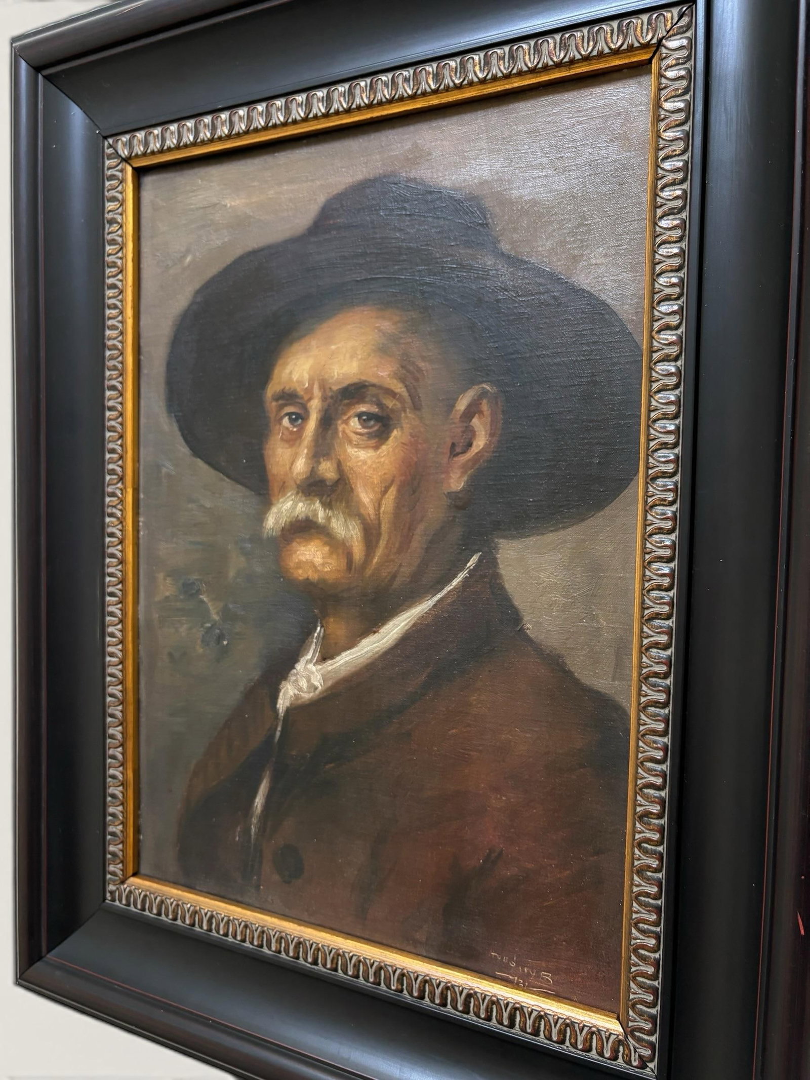 Original Antique European Moody Oil Portrait Painting of Gentleman in Hat Circa 1937 - 2