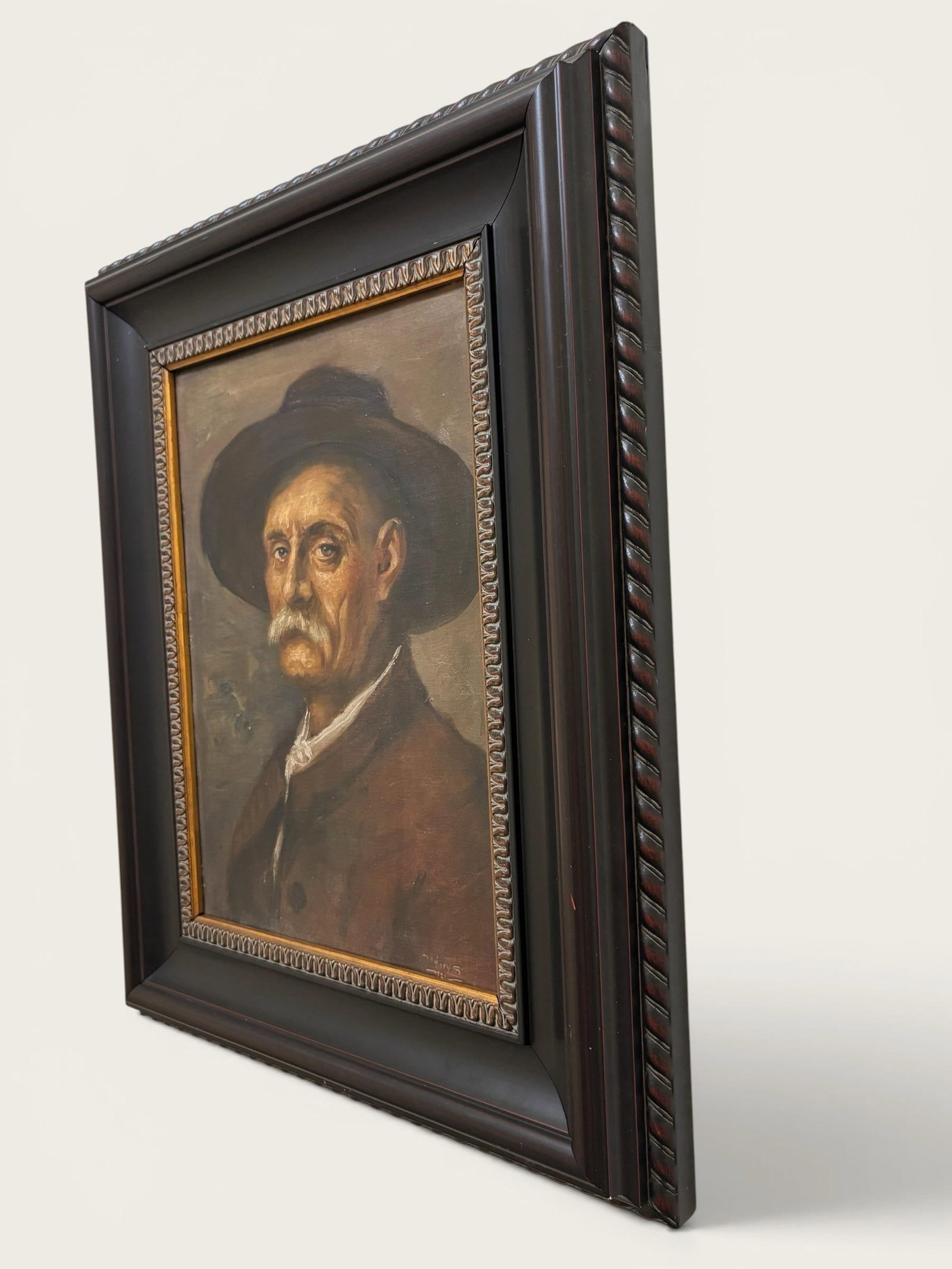 Original Antique European Moody Oil Portrait Painting of Gentleman in Hat Circa 1937 - 3