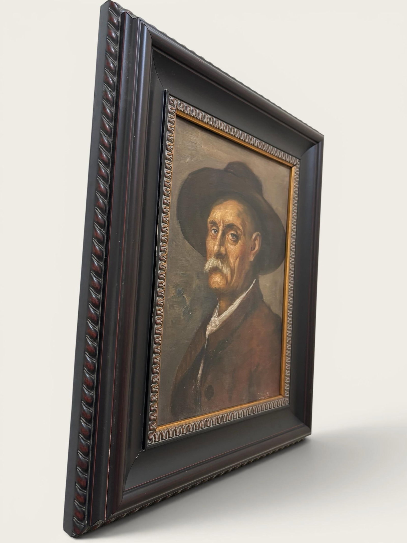 Original Antique European Moody Oil Portrait Painting of Gentleman in Hat Circa 1937 - 4