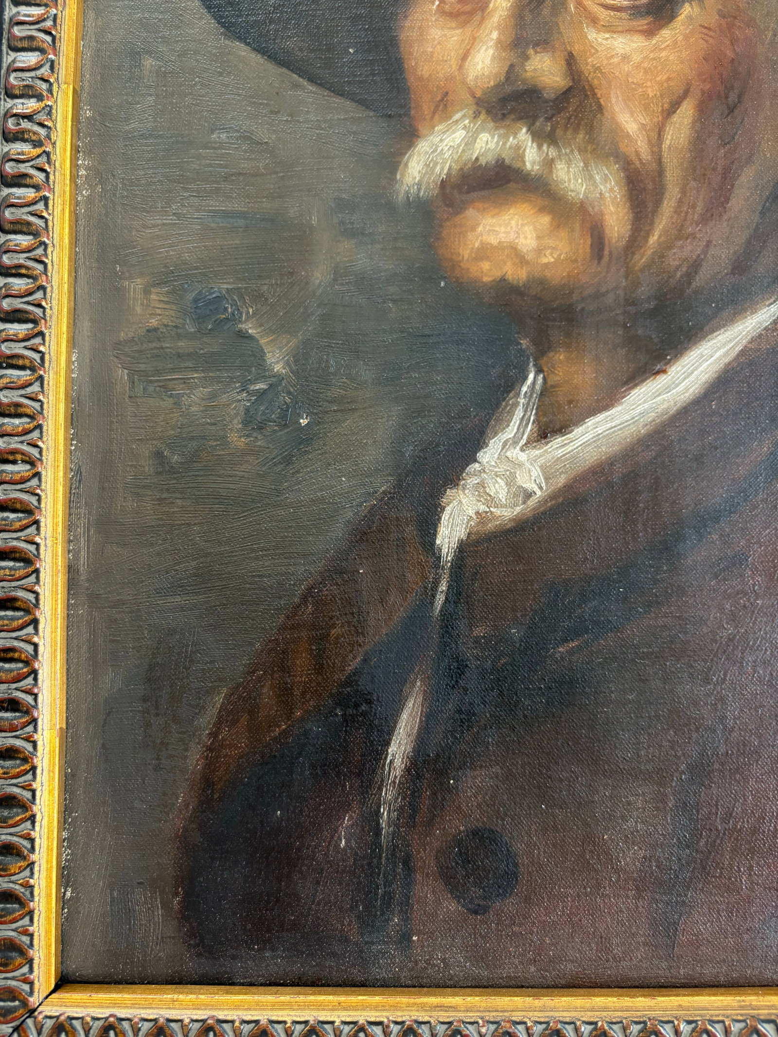 Original Antique European Moody Oil Portrait Painting of Gentleman in Hat Circa 1937 - 5