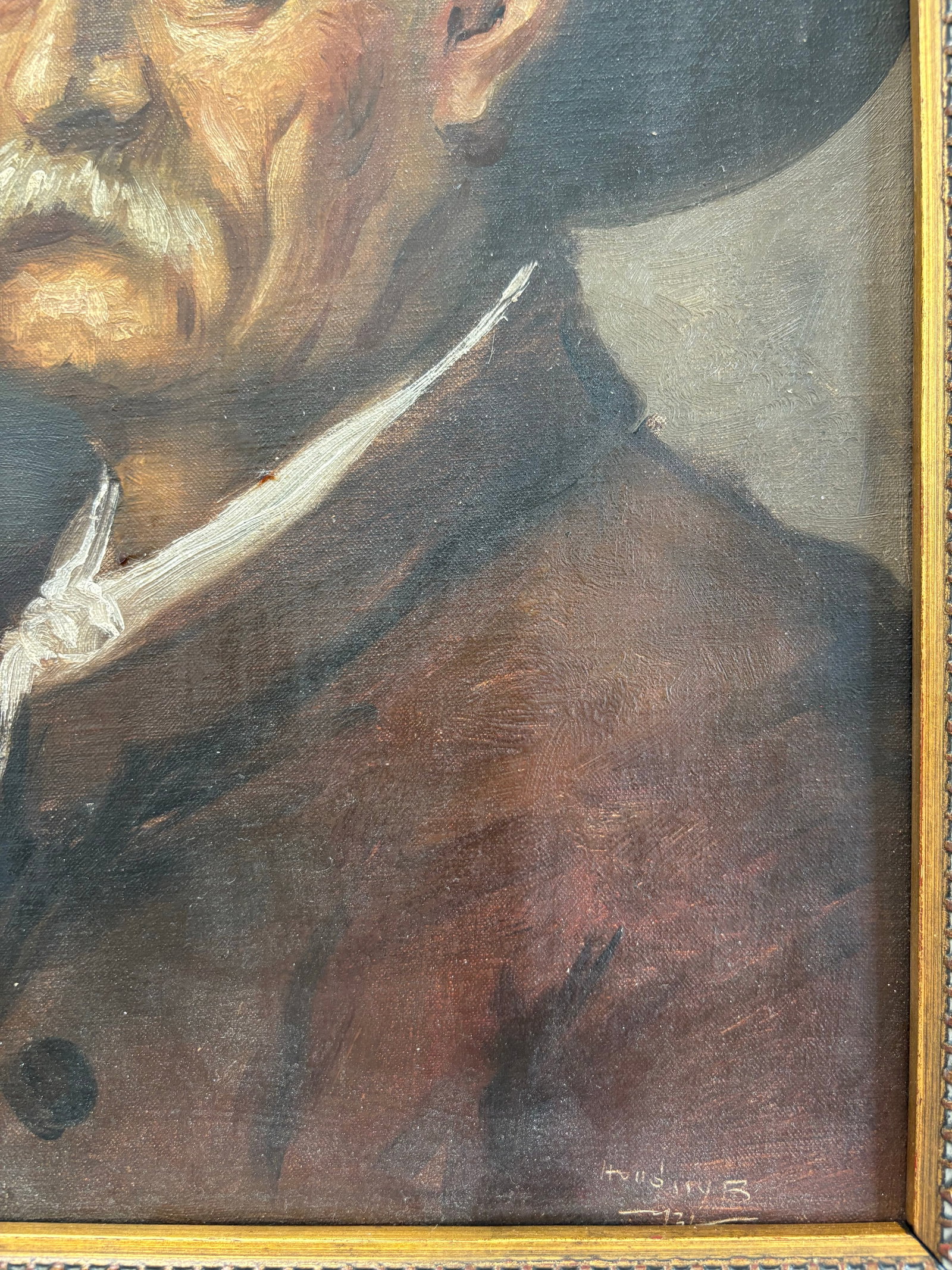 Original Antique European Moody Oil Portrait Painting of Gentleman in Hat Circa 1937 - 7