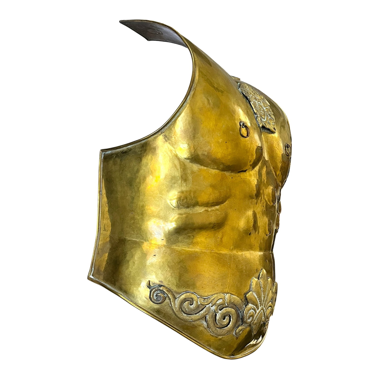 Mid 20th Century Roman Style Life-Size Brass Cuirass Wall Sculpture With Medusa Relief: A dramatic mid-20th-century life-size brass wall sculpture inspired by the ceremonial armor of ancient Rome. Formed as a classical cuirass, the piece features a richly sculpted Medusa (Gorgoneion) at 