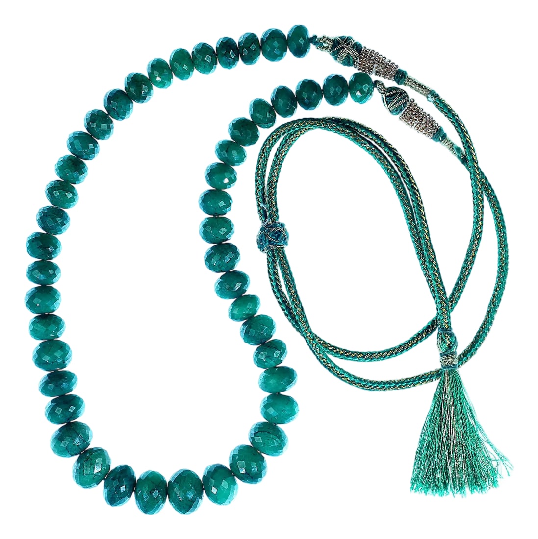 Ajd 14 Inch Expandable Graduated Emerald Rondel Necklace: This **14"‘inch expandable graduated emerald necklace** is a beautifully crafted piece designed to bring elegance and versatility to any jewelry collection. It features **graduated, faceted