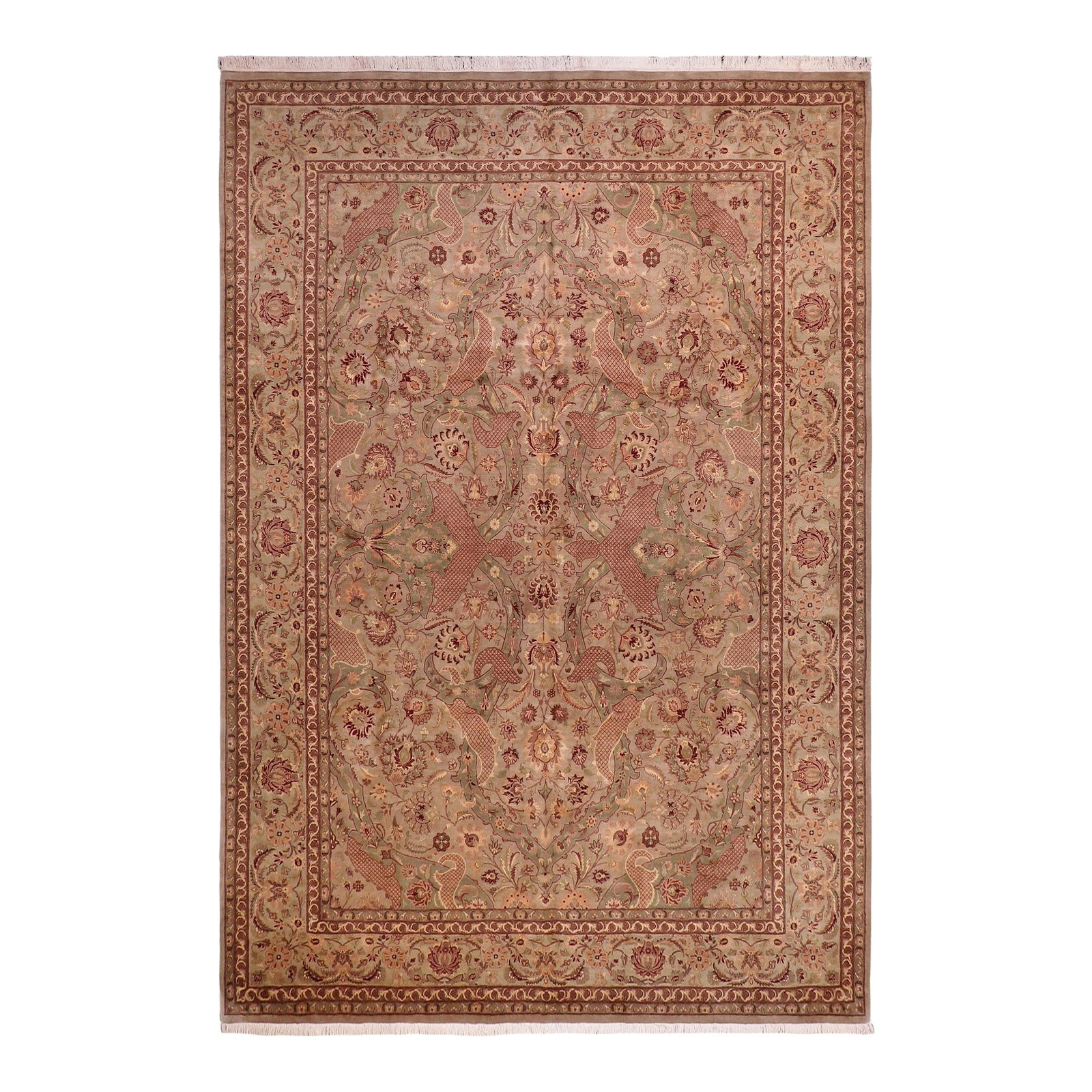 Shabby Chic Art Nouveau 1990's Pak-Persian Green/Green Wool Rug - 9'1'' X 12'4'': Designed with mesmerizing intricacy and gorgeous color palette, this hand-knotted masterpiece demonstrates the beauty and electrifying thrill of Pak Persian art. These meticulously hand-knotted