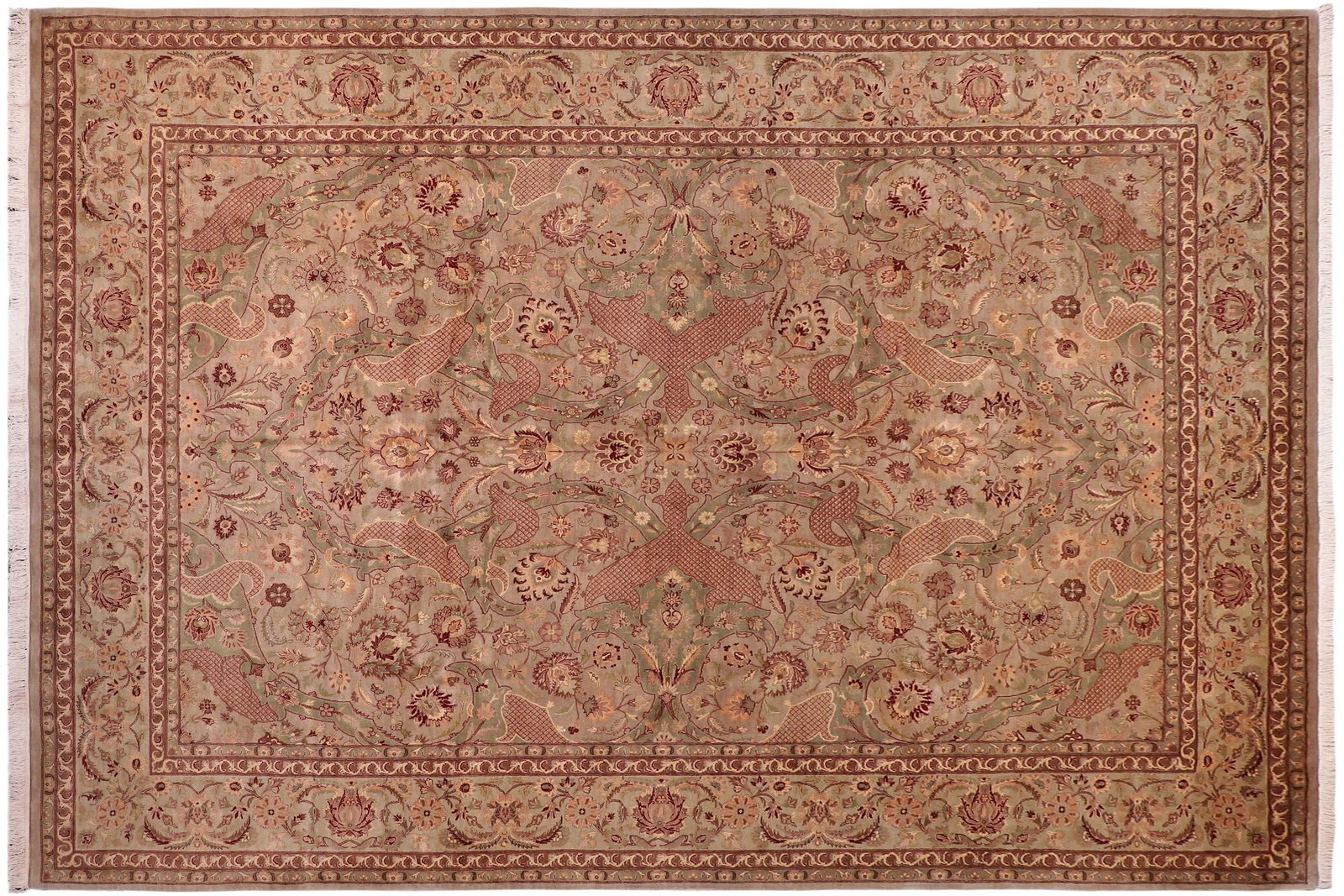 Shabby Chic Art Nouveau 1990's Pak-Persian Green/Green Wool Rug - 9'1'' X 12'4'' - 8