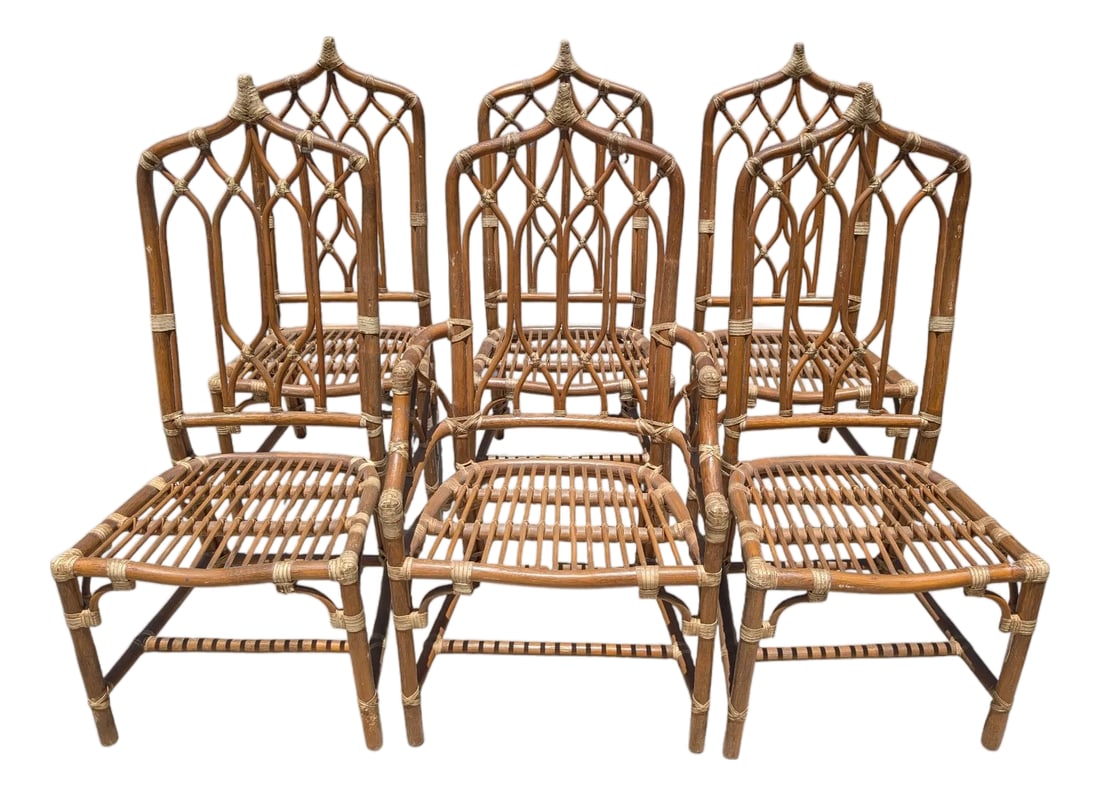 Set of 6 Vintage McGuire Rattan Dining Chairs: Wonderful set of vintage rattan chairs. We may have cushions, but they would be third party and not the originals. One piece of rattan broken on one seat chair, otherwise in extremely good condition