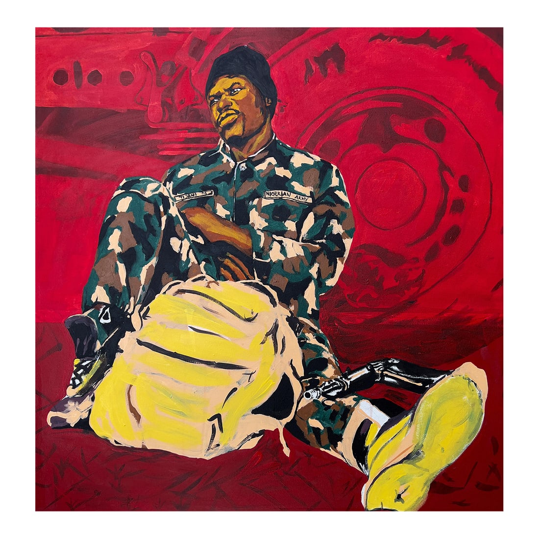 No Price Worth Being Here, Acrylic Wall Painting on Canvas, Military, Realism (2023): No Price Worth Being Here is a raw, unflinching exploration of the physical and psychological toll of military service. The painting depicts a Nigerian soldier in full camouflage, seated against a