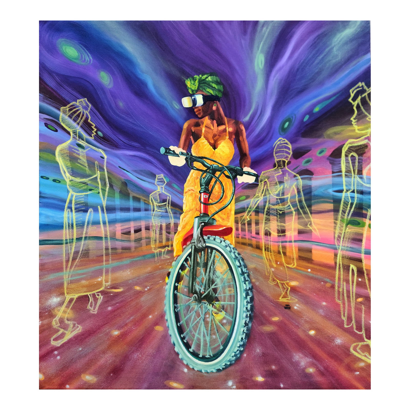 Passenger Seat (Angels in Puerto Rico), Oil and Acrylic on Canvas: Angels in Puerto Rico merges history and fantasy to reflect the Caribbean as a site shaped by the forced displacement of West Africans and the formation of diasporic identities. A contemporary Yoruba 