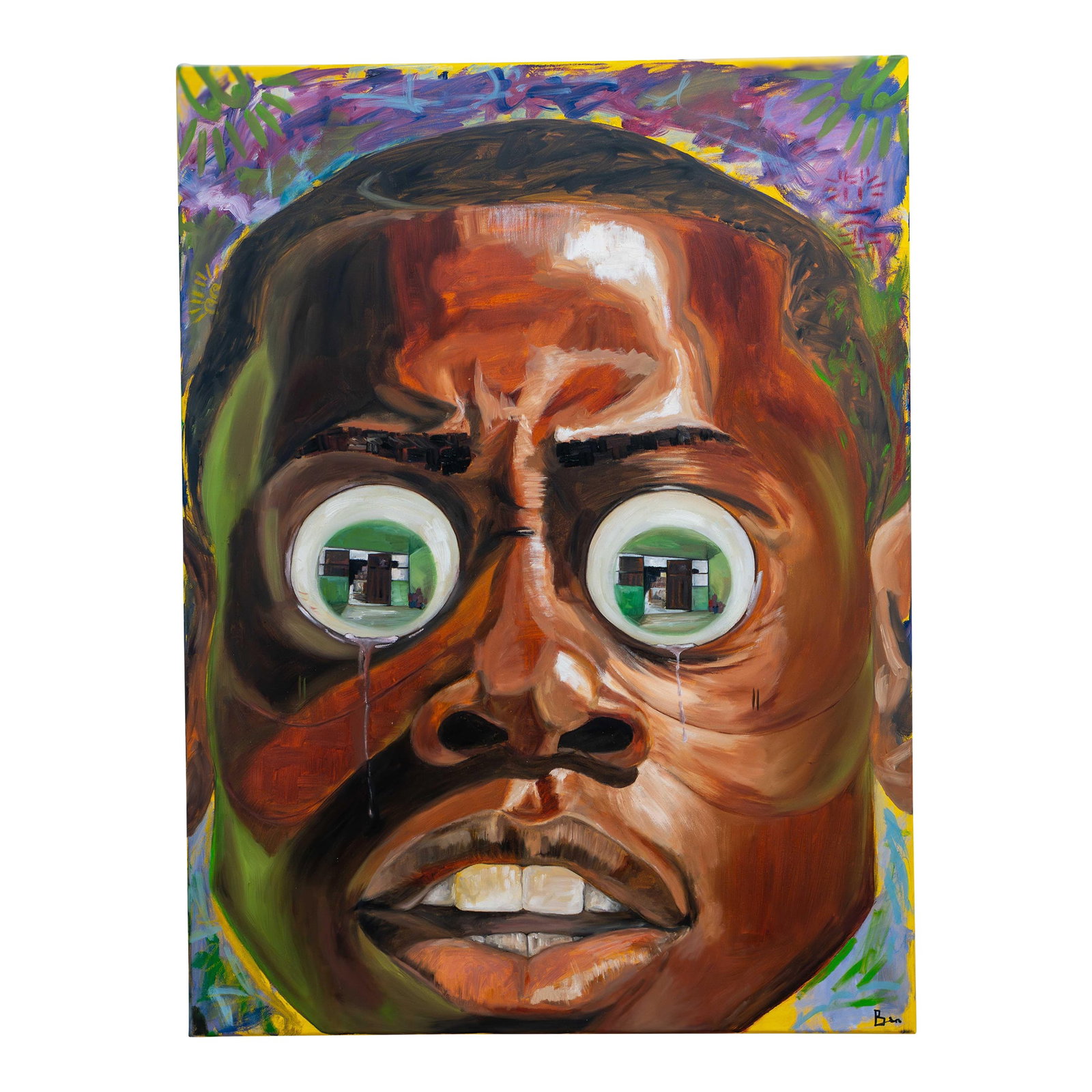 Scared Js1 Boy, Seromo Okoro, 2025 Oil on Canvas: Seromo Okoro, Scared Js1 Boy, 2025 Oil on canvas 36 × 48 × 1 in | 61 × 121.9 × 2.5 cm Unique work Includes a Certificate of Authenticity Shipping Procedure Ships in a