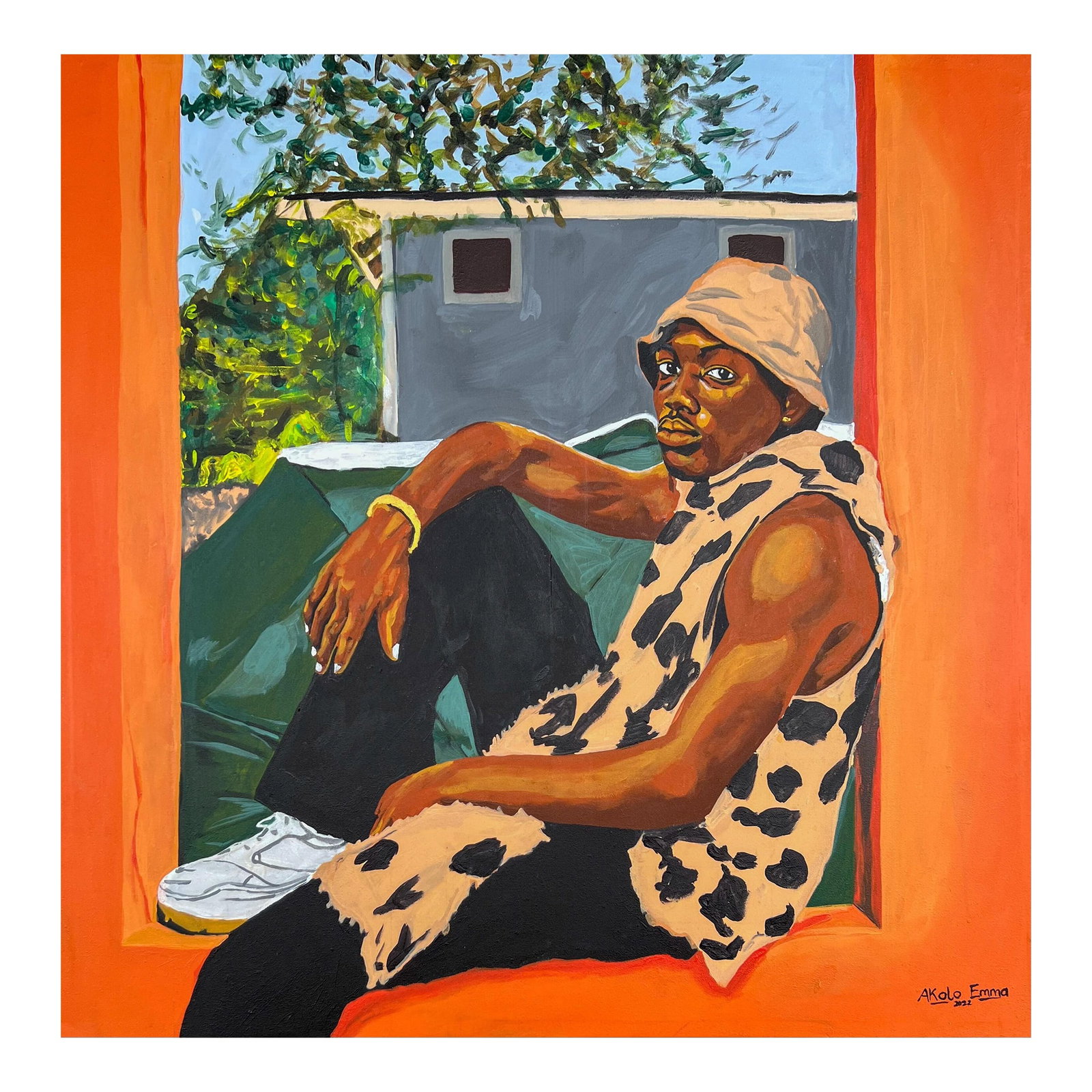 Emmanuel Akolo Uncharted Territory, Acrylic Painting on Canvas, 2023: Winner of the "Best in Show" Award. I created Uncharted Territory as a visual meditation on the necessity of leaving the comfort zone to pursue true evolution. The painting captures a young man in a